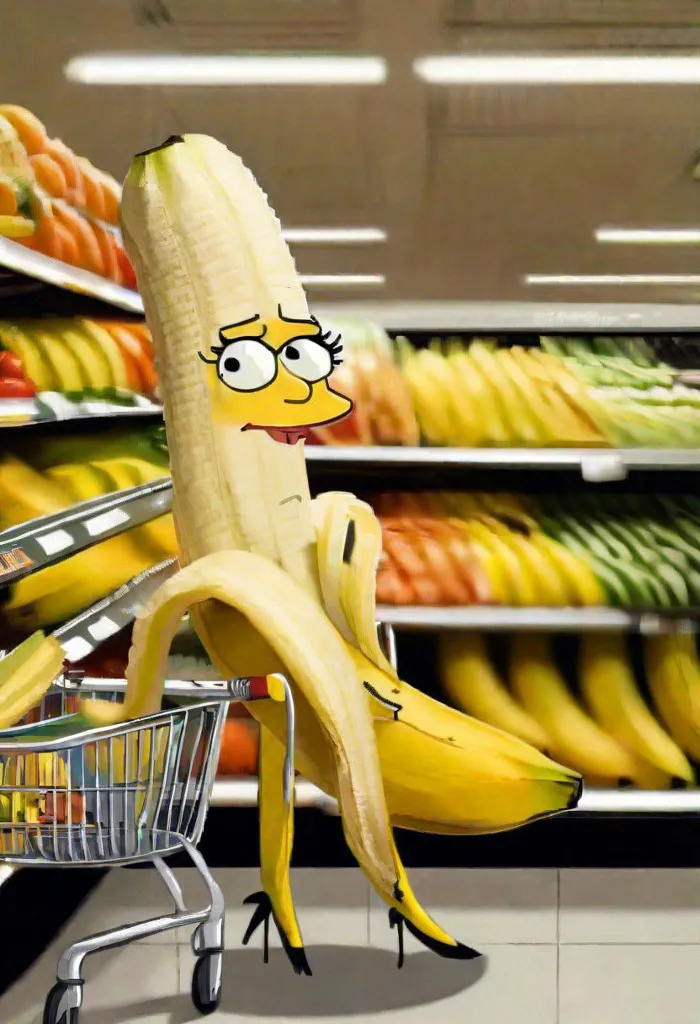 This is a picture of a banana. It has been edited to look like a person. The banana is wearing a red lipstick and has a surprised expression on its face. It is standing in a grocery store, surrounded by other fruits and vegetables. The banana is holding a shopping cart and looks like it is about to go shopping.