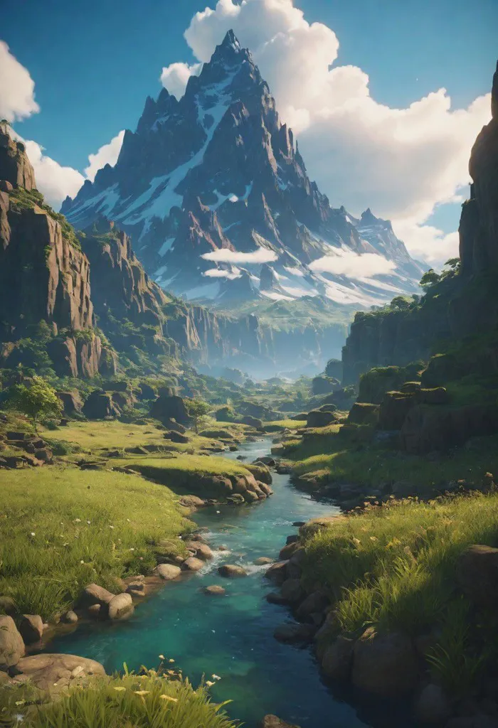 The image is of a mountain valley. The valley is surrounded by snow-capped mountains. The mountains are covered in snow. The valley is green and lush. A river runs through the valley. The river is blue and clear. The sky is blue and cloudy.