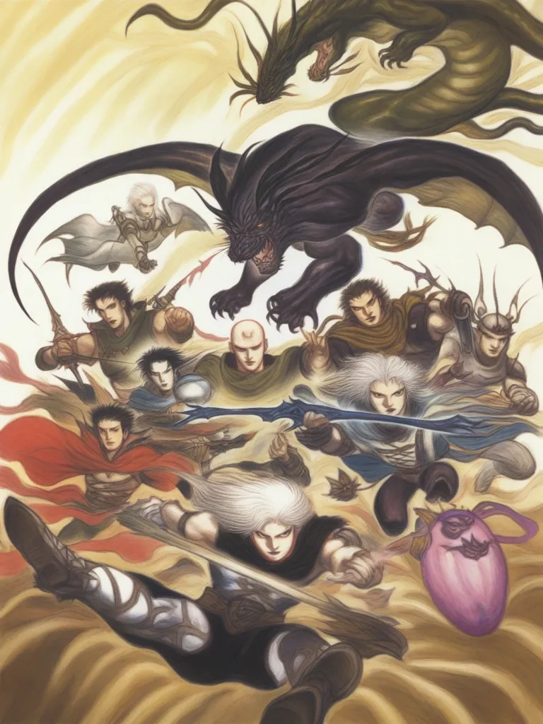 The image is an illustration of a group of characters from the Final Fantasy series of video games. The characters are all in different poses, and they are all wearing different types of armor and weapons. In the background, there are two dragons flying through the sky. The image is drawn in a realistic style, and the colors are vibrant and bright.