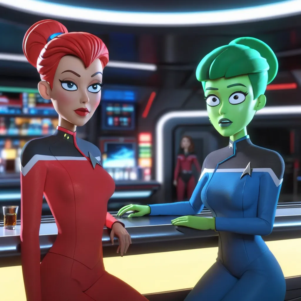 The image shows two female characters from the Star Trek universe. They are standing in a bar, talking to each other. The character on the left is wearing a red uniform, and the character on the right is wearing a blue uniform. The character on the left has red hair, and the character on the right has green hair.