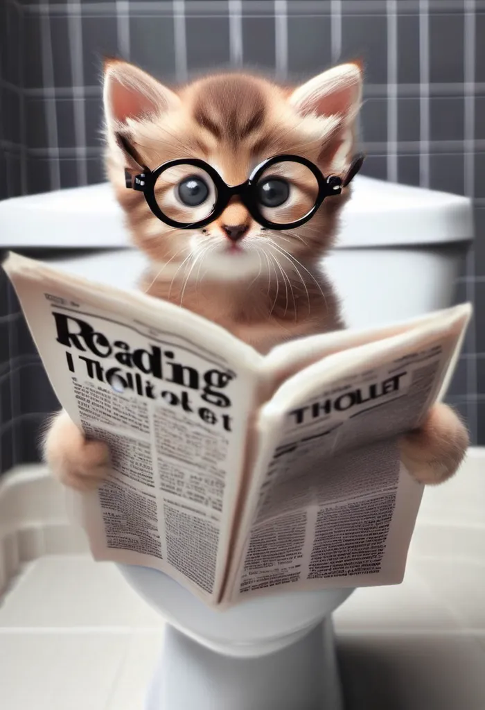 The image shows a small kitten sitting on a toilet seat. The kitten is wearing horn-rimmed glasses and is reading a newspaper called \