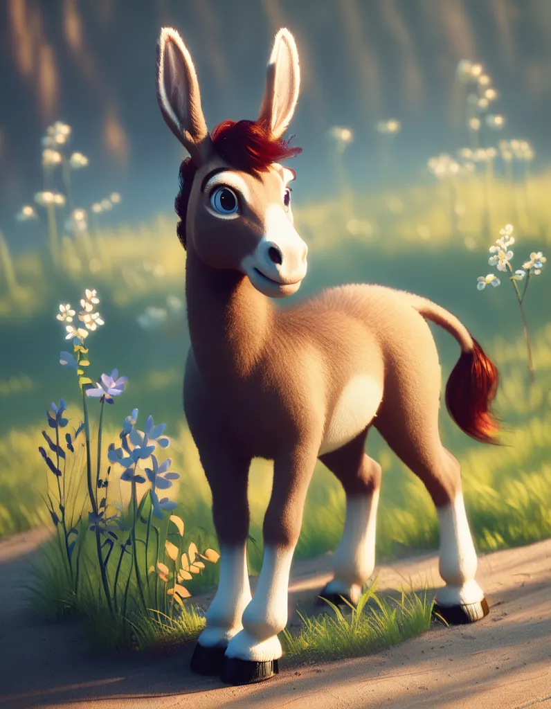 This is a picture of a baby donkey. It has light brown fur, a reddish brown mane and tail, and blue eyes. It is standing in a grassy field, surrounded by flowers. The background is a green meadow with a hill in the distance. The donkey is looking at the camera with a happy expression on its face.