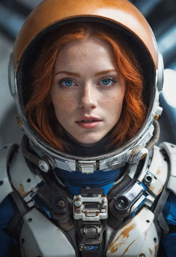 The image shows a young woman in a spacesuit with her helmet on. She has red hair and blue eyes, and she is looking at the camera with a serious expression. The spacesuit is white and gray, and it has a lot of buttons and lights on it. The background is dark, and there is a light shining on the woman from the right side of the frame.