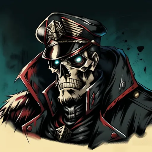 The image is a portrait of a skeletal Nazi officer. He is wearing a black military cap with a white skull and crossbones on the front. He has a gray coat with red epaulettes and a black tie. His eyes are glowing blue, and he has a sinister expression on his face. The background is dark and shadowy.