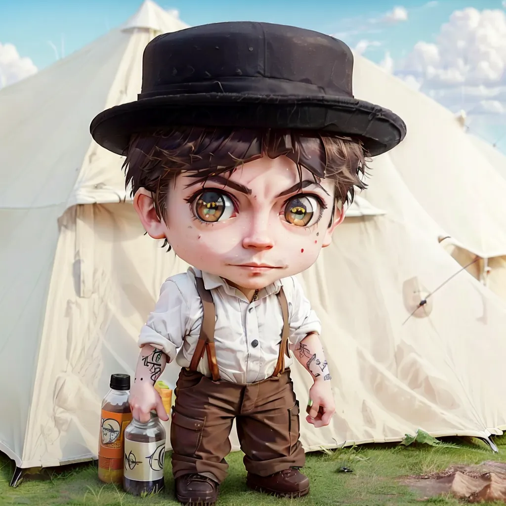 The image shows a young boy, probably in his early teens, dressed in what seems to be an old-fashioned outfit, including a black top hat, a white shirt, brown pants, and suspenders. He has brown hair and green eyes and looks like a mischievous troublemaker. He is standing in front of a tent, probably at a campsite, and has a determined expression on his face. In his right hand, he is holding a bottle of what seems to be an alcoholic beverage.