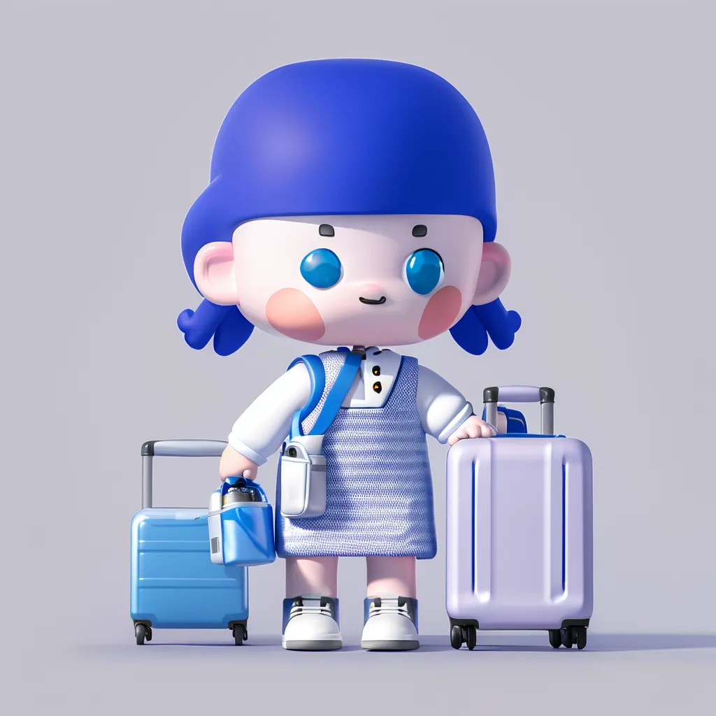 This is a 3D rendering of a little girl, who looks about 6 or 7 years old. She is standing with her left hand on the handle of a blue suitcase, and her right hand holding a blue water bottle with a strap. She is wearing a blue hat, a white dress with blue stripes, and white sneakers. She has blue eyes and a happy expression on her face. She is standing in front of a light gray background.