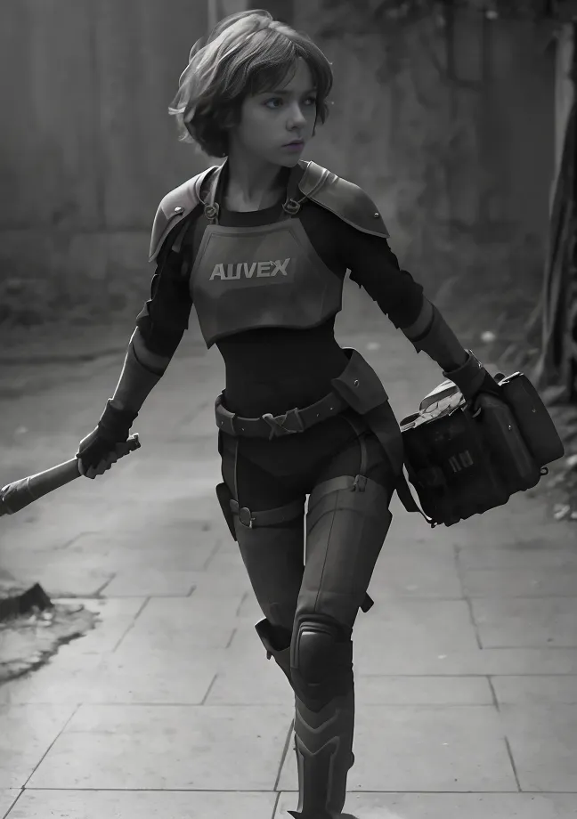 The image is in black and white. It shows a young woman with short hair wearing a futuristic outfit. She is carrying a large hammer in her right hand and a toolbox in her left hand. She is walking down a street with a determined look on her face.
