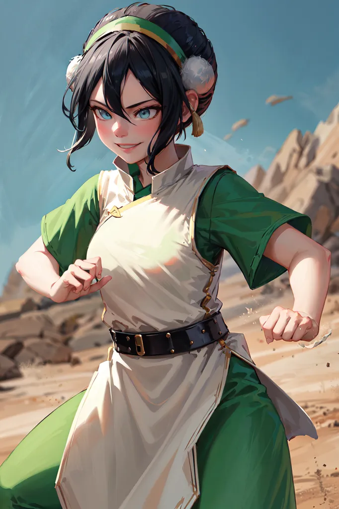 The image is of Toph Beifong from the Nickelodeon animated series Avatar: The Last Airbender. She is standing in a fighting stance, with her fists raised and her feet shoulder-width apart. She is wearing a green vest, a white undershirt, brown pants, and a black belt. Her hair is dark brown and tied back in a bun, and her eyes are dark brown. She has a confident expression on her face. The background is a desert landscape, with mountains in the distance.