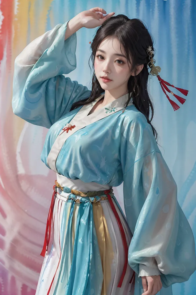 图像显示一位穿着传统中国服装的年轻女性。这件服装是蓝白色的,有着精细的刺绣图案。这位女性有着长长的黑发,头上戴着一朵红色的花。她还戴着项链和耳环。图像的背景是一个蓝白色的渐变。