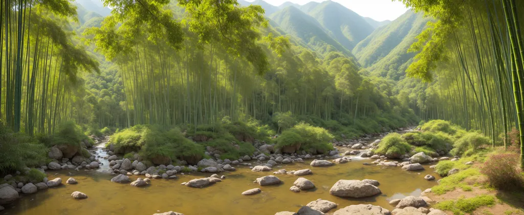 这张图片是一个竹林全景,河流穿流其中。竹子高大茂密,叶子茂盛。河流宽阔浅浅,水清澈见底。河中有岩石和巨石,河岸长满苔藓和蕨类植物。森林茂密阴凉,空气中充满了风吹过树叶的声音。这幅图像给人一种宁静祥和的感觉,捕捉到了大自然的美丽。