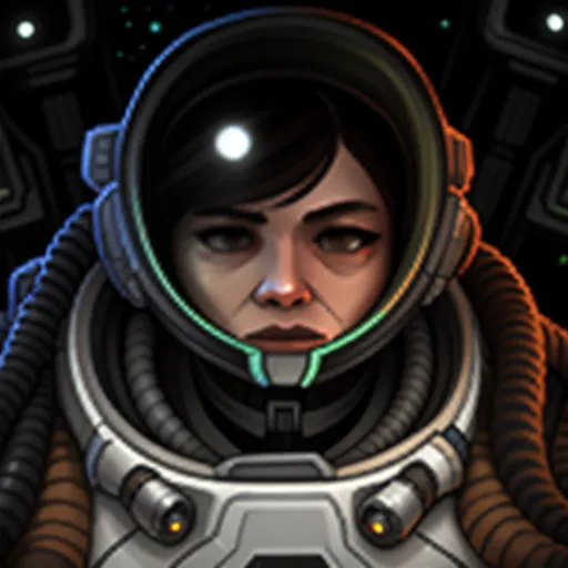 This is an image of a young girl in a spacesuit. She has short brown hair and brown eyes. She is looking at the viewer with a serious expression. She is wearing a white spacesuit with a green visor. The spacesuit has a lot of buttons and lights on it. She is also wearing a backpack with a lot of equipment on it.