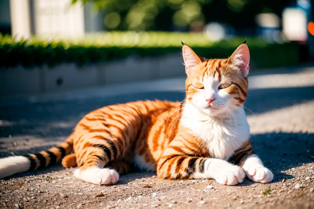 这是一张猫咪躺在地上的照片。这只猫主要是白色的,但是身上也有一些橙色斑点和黑色条纹。猫咪的眼睛闭着,看起来正在享受阳光的温暖。照片的背景有些模糊,但似乎可以看到一些植物和建筑物在远处。