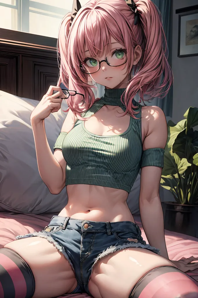 (masterpiece, best quality), 1girl, small breasts, small hips, green eyes, pink hair, crop top, denim shorts, bedroom, striped thighhighs, pervert, petite, glasses, <lora:add_detail:1>,