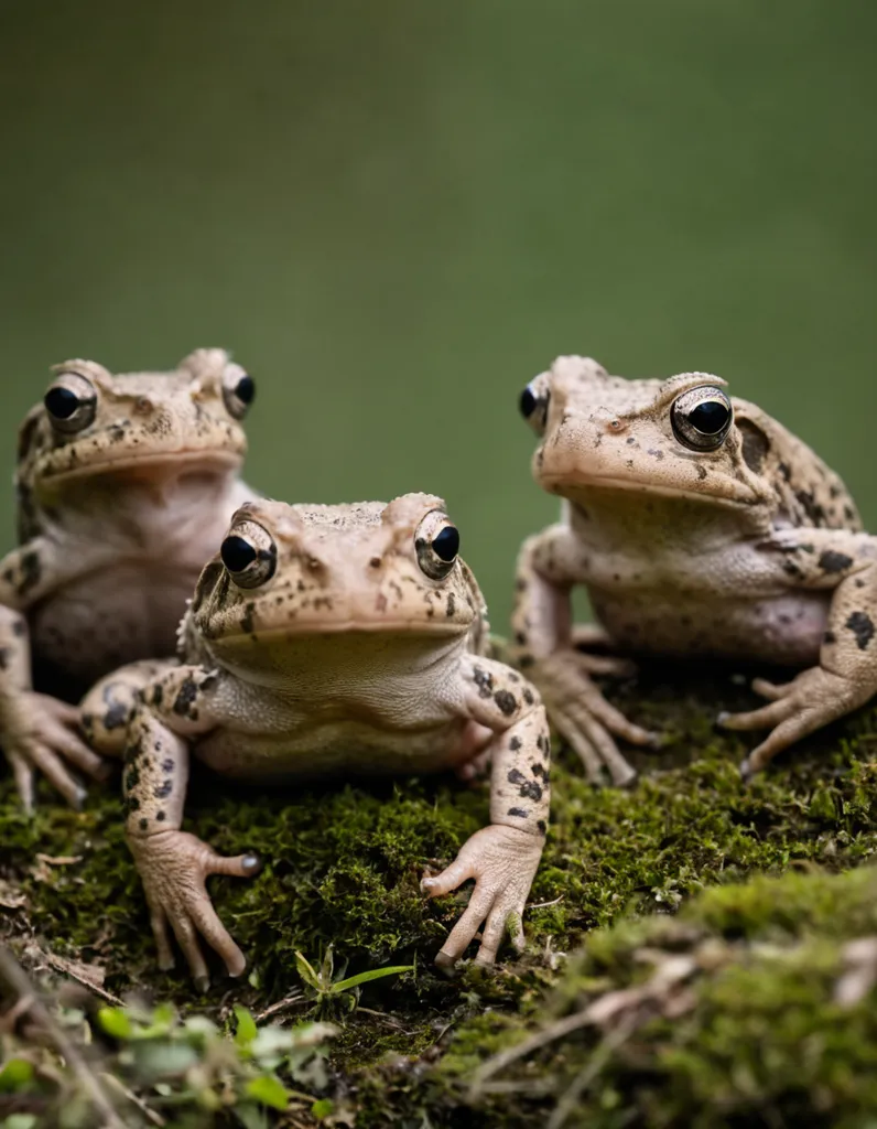 There are three frogs on a mossy rock. The frogs are all looking at the camera. They have brown and green skin. The background is green.