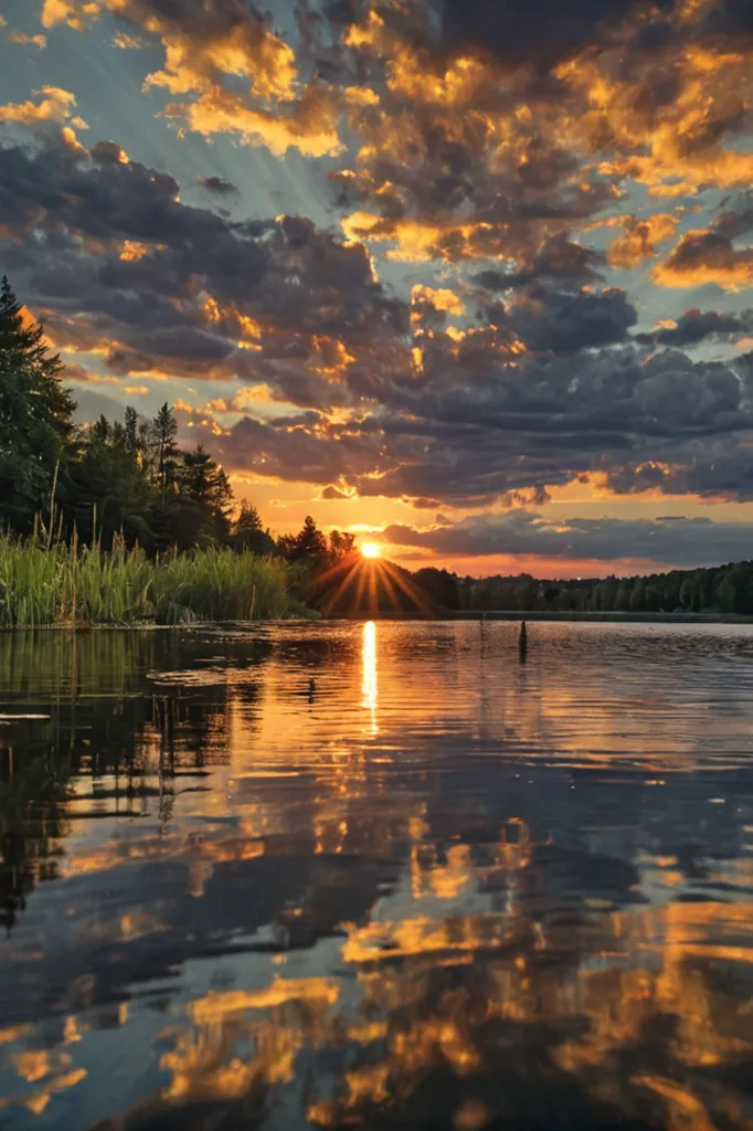 The setting sun casts a golden glow on the lake, while the trees on the shore are silhouetted against the sky. The sky is a mix of orange, yellow, pink, and blue. The sun is setting behind the trees, and its rays are reflecting off the water. The sky is ablaze with color, and the scene is one of peace and tranquility.