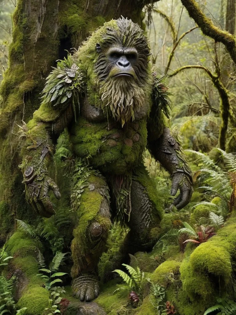 The image depicts a large, muscular, moss-covered creature standing in a lush, green forest. The creature is hunched over and has a thick mane of moss on its head and shoulders. Its face is obscured by a beard of moss, but its eyes are visible and they are a deep, piercing blue. The creature's body is covered in a thick layer of moss, which gives it a shaggy appearance. Its feet are large and flat, and its toes are long and sharp. The creature is standing in a clearing in the forest, and there are several large trees in the background. The trees are covered in moss, and the ground is covered in a thick layer of leaves and moss.