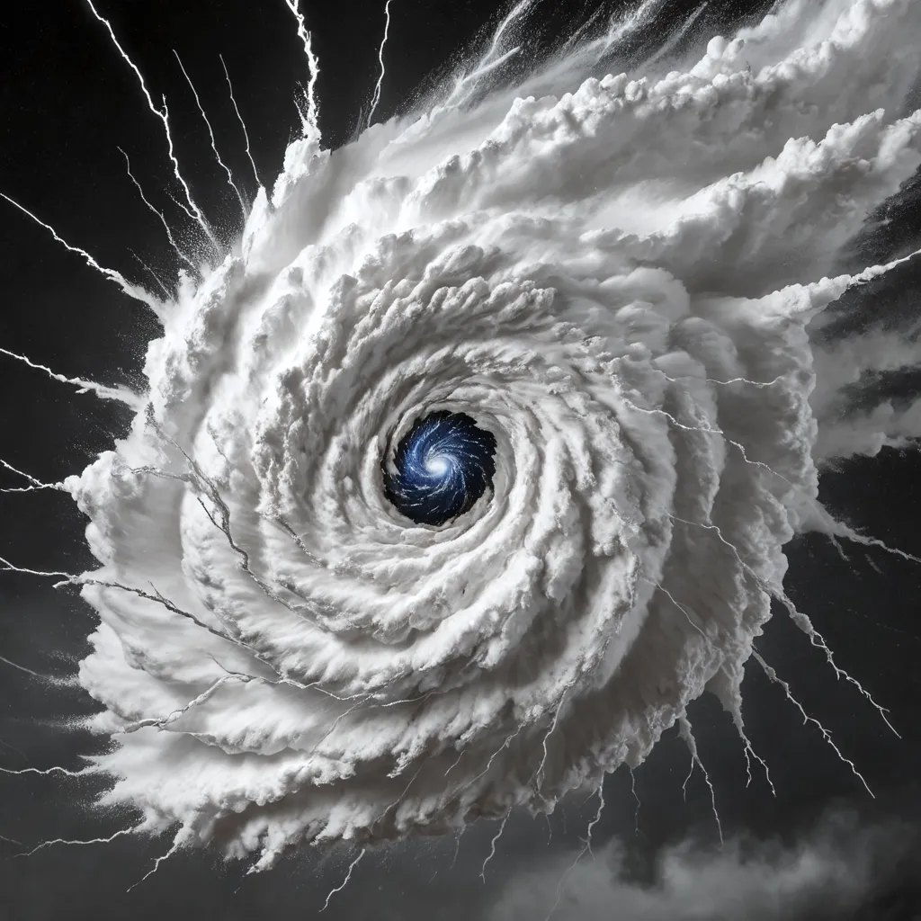 The image is depicting the eye of a hurricane. The eye is surrounded by a dense eyewall of clouds and rain. The eyewall is surrounded by a moat of calm weather. The eye is about 20 miles wide and the eyewall is about 10 miles thick. The eye is the most destructive part of the hurricane. The wind speeds in the eye are the highest and the pressure is the lowest. The eye is also where the most rain falls.