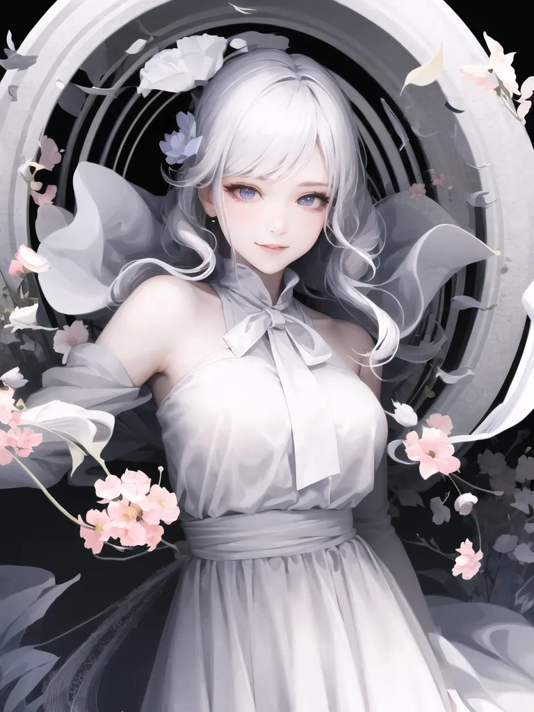 This image shows a beautiful anime girl with white hair and blue eyes. She is wearing a white dress with a white bow on the chest. There are some pink and white flowers on the left side of her. She is standing in front of a white frame with a black background.