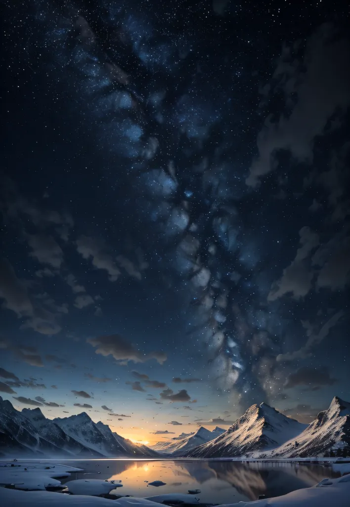 这张图片是一个美丽的夜晚山脉风景。天空中满是星星。前景有一条河或湖泊,反映着夜空和山脉。山峰被雪覆盖。这幅图像非常安静祥和。