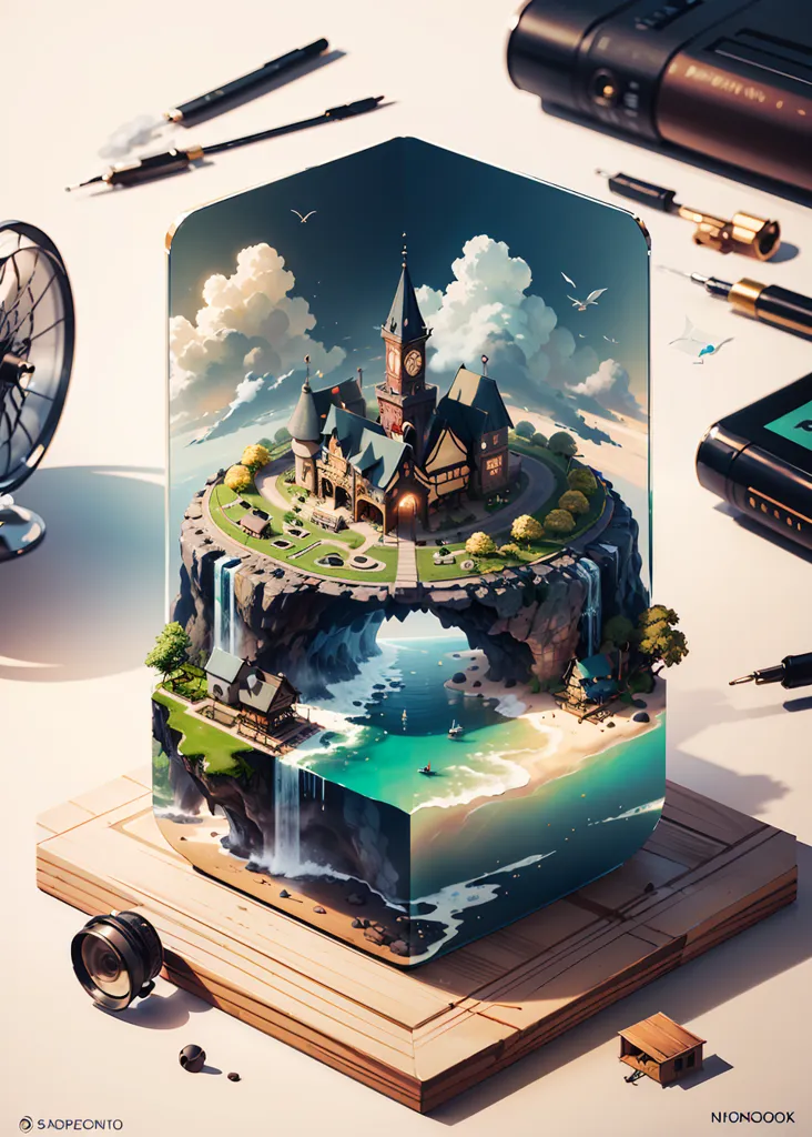 The image is a 3D rendering of a fantasy world. It shows a floating island with a clock tower, surrounded by clouds and water. There are two houses on the island, one on the top and one near the water. There is a waterfall coming down from the island into the water below. The island is surrounded by a glass case, and there are some tools and a camera on the table next to it.
