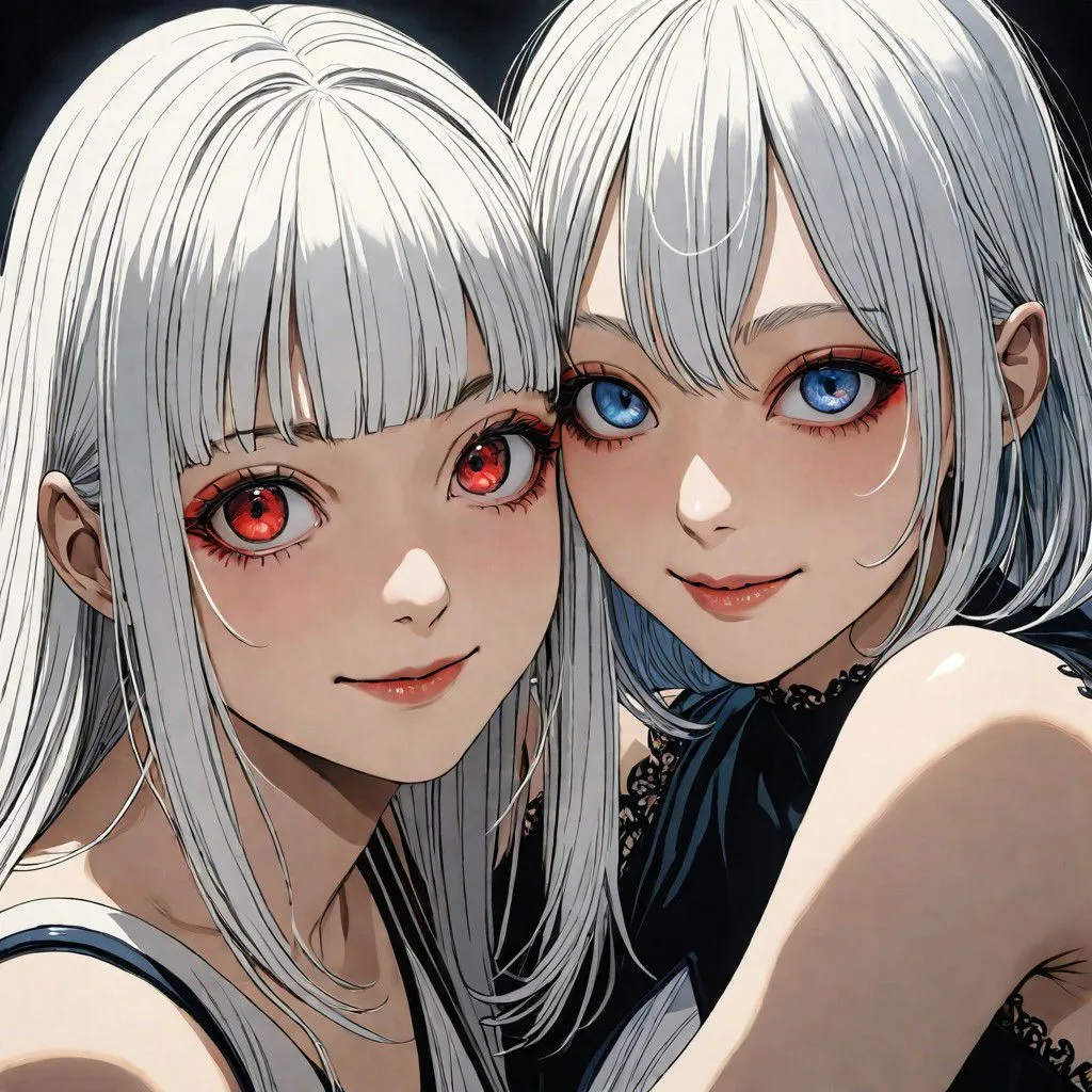 The image shows two beautiful anime girls with white hair. The girl on the left has red eyes, while the girl on the right has blue eyes. They are both wearing black dresses and have their arms around each other. The background is a dark color.