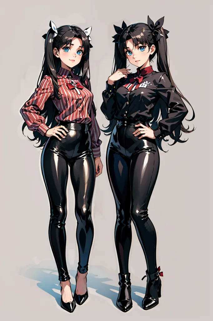 This is an image of two anime girls with long black hair, blue eyes, and red ribbons in their hair. They are wearing similar outfits, consisting of a black jacket, red and white striped shirt, and black pants. They are also both wearing black boots and have a confident expression on their faces. The image is drawn in a realistic style and the colors are vibrant and bright.