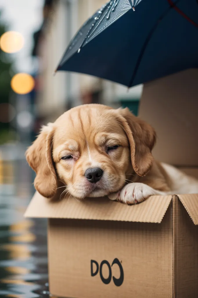 The image shows a small, brown puppy sleeping in a cardboard box. The puppy's eyes are closed, and it has a paw resting on the edge of the box. A blue umbrella is tilted over the box, protecting the puppy from the rain. The box has the word \