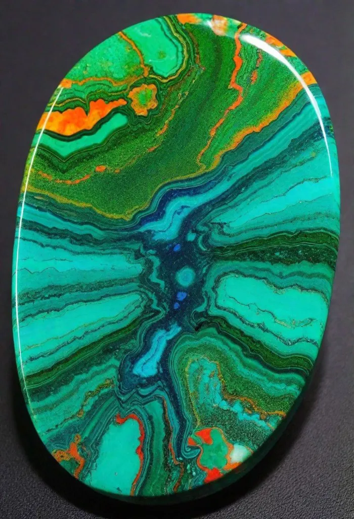 The image shows a slice of malachite, a copper carbonate mineral. It has a beautiful banded pattern in shades of green, with some areas of orange and blue. The bands are formed by the different layers of malachite that have been deposited over time. Malachite is a popular gemstone and is often used in jewelry and carvings.