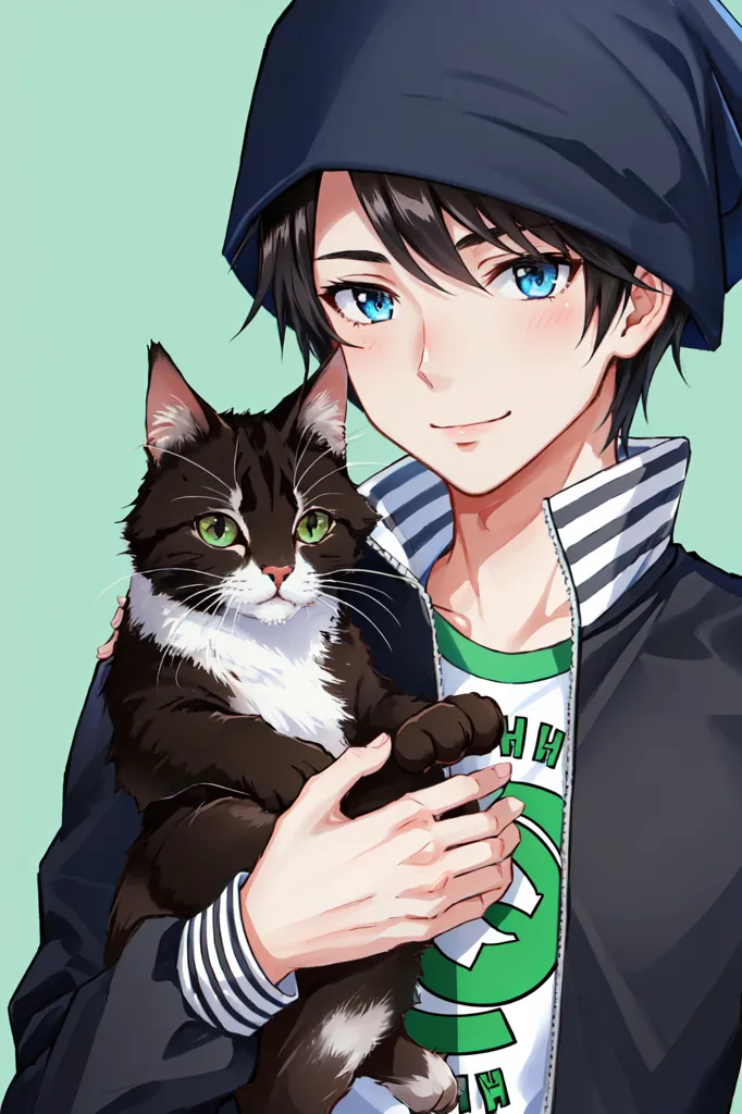 This is an anime-style drawing of a young man with a cat. The man is wearing a blue beanie and a black jacket with green stripes on the sleeves. He has blue eyes and black hair. The cat is black and white with green eyes. The man is smiling and has his hand on the cat's head. The cat is looking at the man.