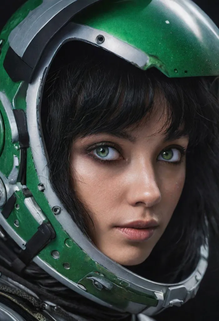 This is an image of a young girl in a spacesuit. She has short black hair and green eyes. The spacesuit has a green visor and a green and silver body. The girl is looking at the camera with a serious expression.