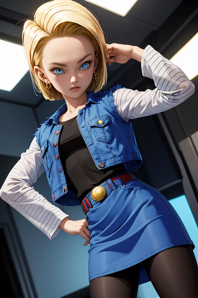 (masterpiece, best quality), 1girl,  <lora:DBZ_Android18_v1:1> android 18, 1girl, solo, blue eyes, short hair, blonde hair, earrings, || denim skirt, blue skirt, pencil skirt, black shirt, long sleeves, striped sleeves, brown belt, black pantyhose, denim vest, blue vest,