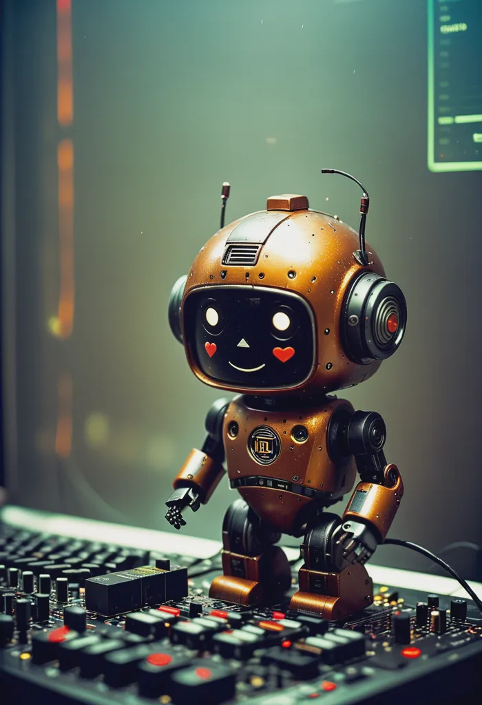 This image shows a small robot with a bronze-colored body and a smiling face. It is standing on a black and gray surface that has many buttons and knobs. The robot has its left hand on a small black object, and its right arm is by its side. There is a screen in the background that shows a lot of numbers and letters. The robot has two small red heart-shaped lights on its face, and it has two small black antennas on its head.