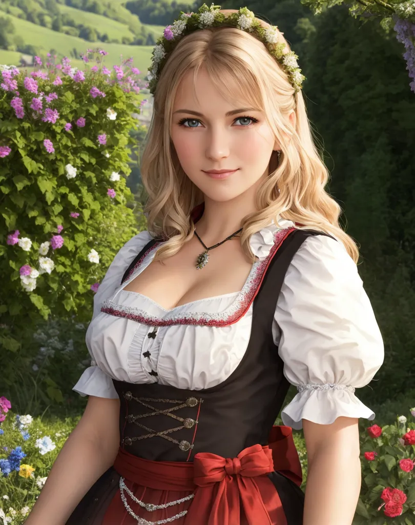 图像显示一位年轻女性穿着传统的德国服装,称为dirndl。连衣裙的上身是黑色,有红色装饰,裙子是红色,搭配白色围裙。女士有一头金色长发,编成辫子,头上戴着花环。她有蓝色的眼睛和白皙的肤色。图像的背景是一片绿色的田野,有鲜花。