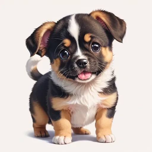 The image shows a small, cute puppy with short legs and a long tail. It has big, round, dark brown eyes and a tiny black nose. Its fur is brown, black, and white. The puppy is standing on a white background and looking up at the viewer with a happy expression on its face.