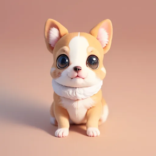 The image is a cartoon illustration of a puppy. It has big round eyes and a small black nose. It is sitting on a pink background and looking at the viewer. The puppy has short legs and a long tail. Its fur is light brown and white. The puppy is very cute and friendly.