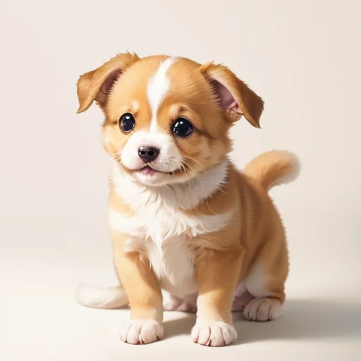 The image shows a small, cute puppy with big eyes and a white belly. The puppy is sitting on a white background and looking at the camera. The puppy has light brown fur with white paws and a white-tipped tail. The puppy's ears are perked up and it has a small, pink nose. The puppy's mouth is slightly open and it looks like it is panting.