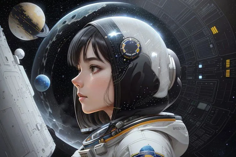 A young girl in a spacesuit is standing on a planet. She is looking at a spaceship. There are stars and planets in the background. The girl is wearing a white spacesuit with a black helmet. She has short black hair and brown eyes. The spaceship is white and has the words \