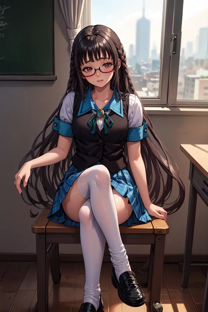 masterpiece, best quality, 1girl, <lora:Sakajo_Hikaru_v7:0.9>, classroom, sitting, shy, embarrassed, black hair, green ribbon, brooch, red eyes, blunt bangs, sailor collar, black vest, blue skirt, white socks, kneehighs, black loafers, glasses, (very long hair:1.5), twin braids, blue sleeve ends,