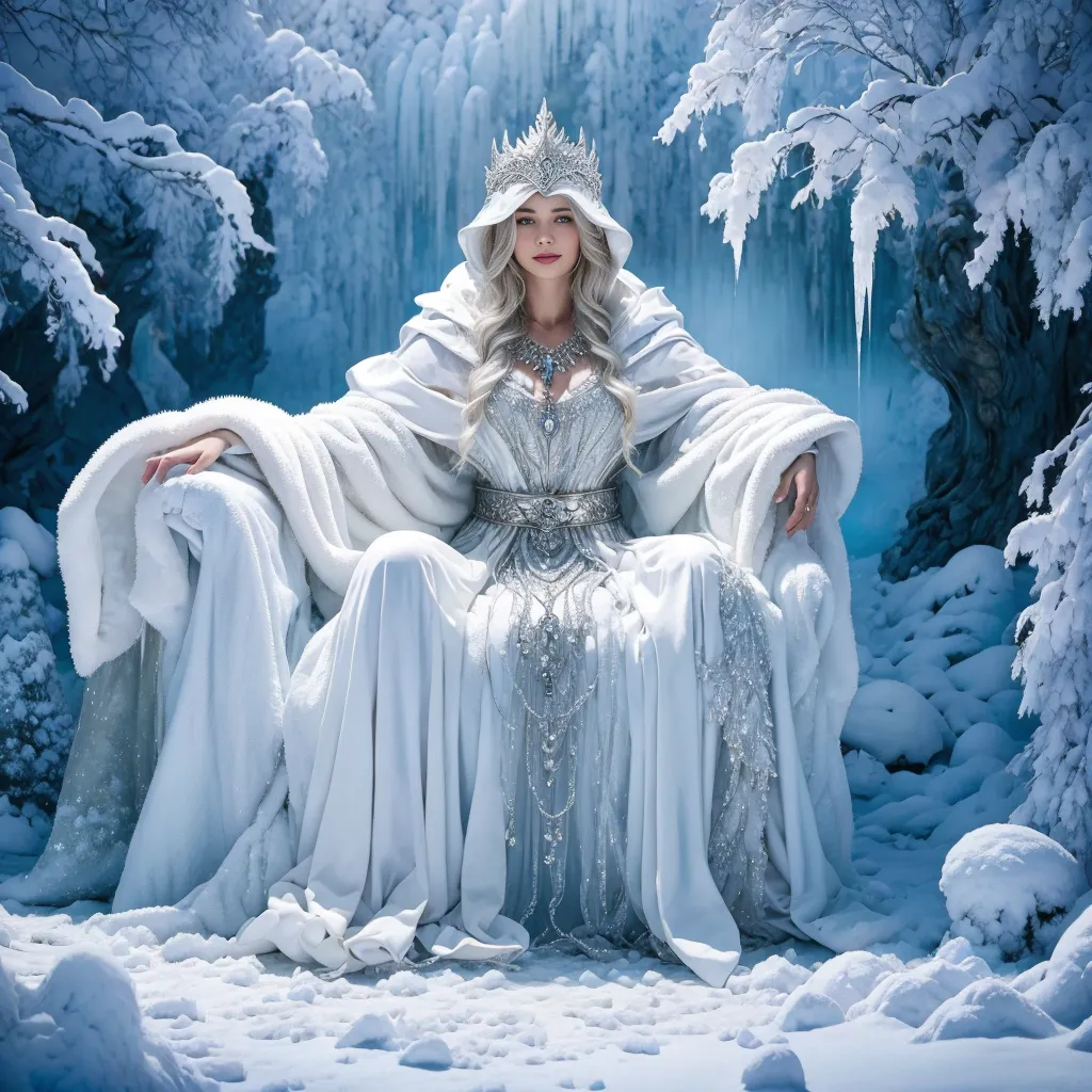 This is an image of the Snow Queen. She is sitting on a throne of ice and snow, wearing a white dress and a silver crown. Her hair is long and blonde, and her eyes are blue. She is surrounded by snow-covered trees and mountains.