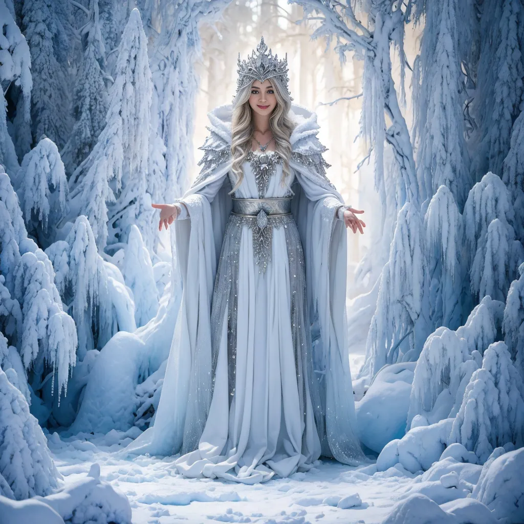 The Snow Queen is a beautiful, yet powerful, figure who rules over the winter landscape. She is dressed in a white gown with a silver crown and a necklace made of ice. Her eyes are a piercing blue, and her skin is pale as snow. The Snow Queen is said to be able to freeze anything with her touch, and she is feared by all who live in the kingdom.