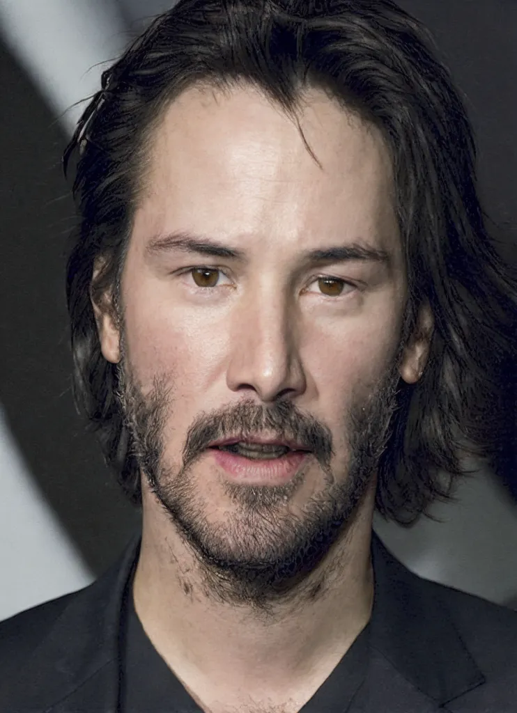 The image shows Keanu Reeves, a Canadian actor. He has dark brown hair and light brown eyes. He is clean-shaven and has a small scar on his left eyebrow. He is wearing a black suit jacket. He has a serious expression on his face.