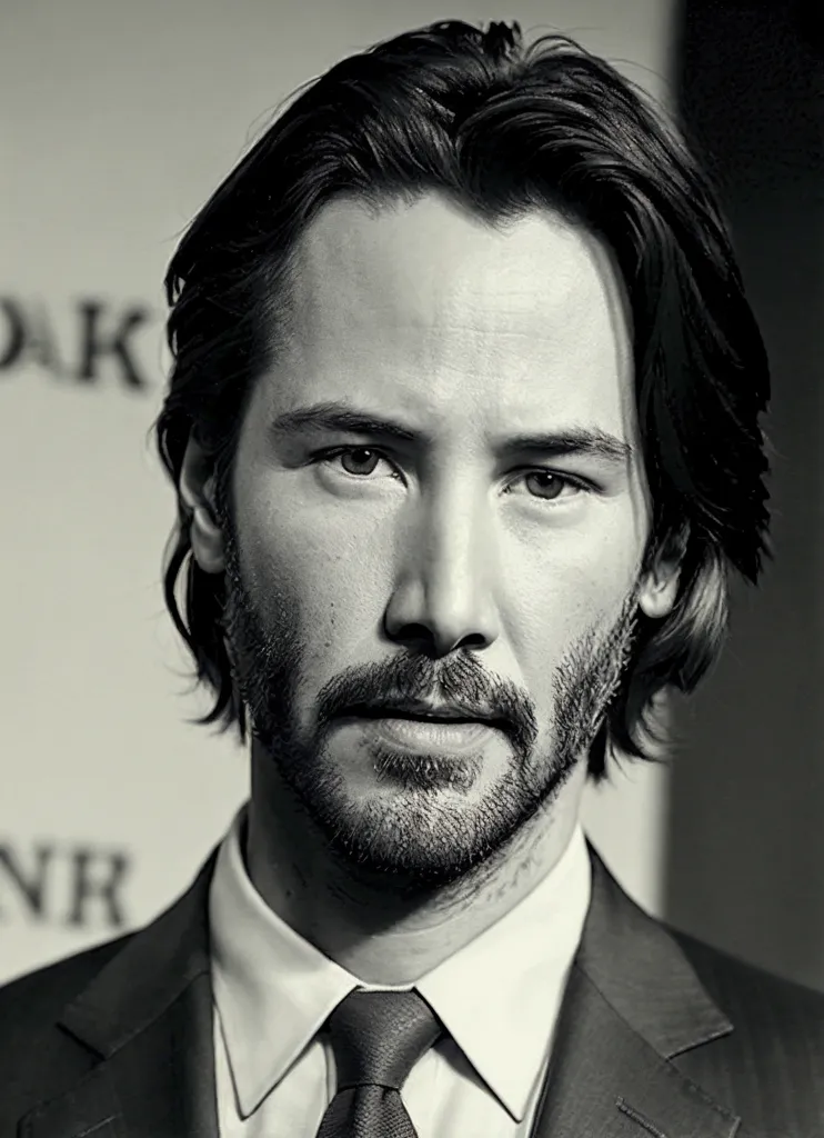 The photo shows a black-and-white portrait of Keanu Reeves. He is wearing a dark suit and tie. His hair is long and wavy, and he has a beard. He is looking at the camera with a serious expression. The photo is taken from a close-up angle, and the background is out of focus.