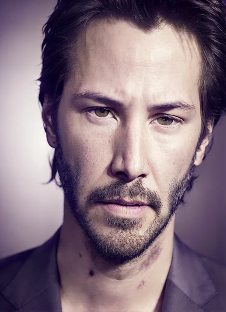 The photo shows a headshot of Keanu Reeves. He is looking at the camera with a serious expression. He has dark hair and brown eyes. His beard is short and well-groomed. He is wearing a dark suit jacket. The background is a dark purple color.