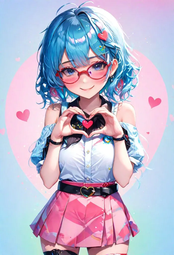 This is an image of an anime girl with blue hair and pink eyes. She is wearing a white shirt, pink skirt, and glasses. She has a heart-shaped ahoge and is making a heart shape with her hands. There are also hearts floating around her. The background is a light pink color.