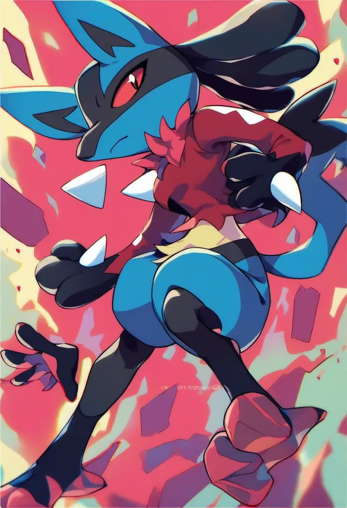 The image is of a bipedal, canine-like creature with blue and black fur. It is wearing a red and white scarf and has a determined expression on its face. The creature is standing on a rocky surface. In the background, there are several large, sharp rocks. The creature is likely a Pokémon, and it appears to be ready to battle.