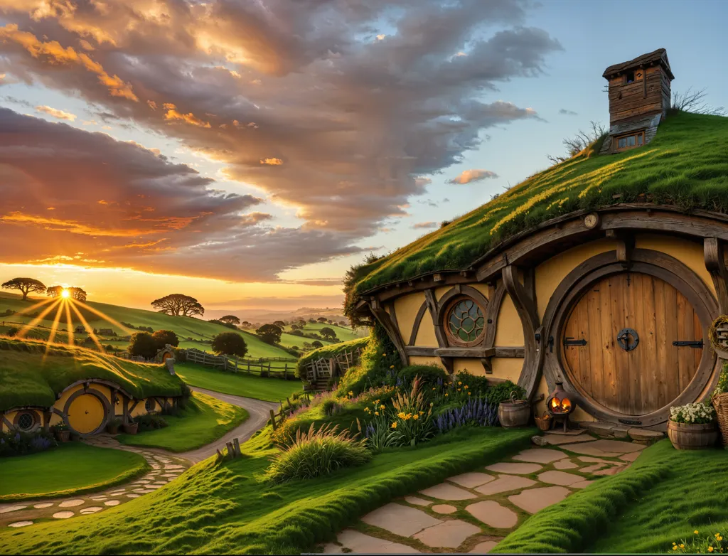 The image is of a hobbit hole, which is a type of house that is built into a hill. The hobbit hole is made of wood and has a round door. There is a path that leads up to the hobbit hole and there are some flowers and plants growing around it. The sun is setting in the background and the sky is a golden orange color. The image is very peaceful and serene.