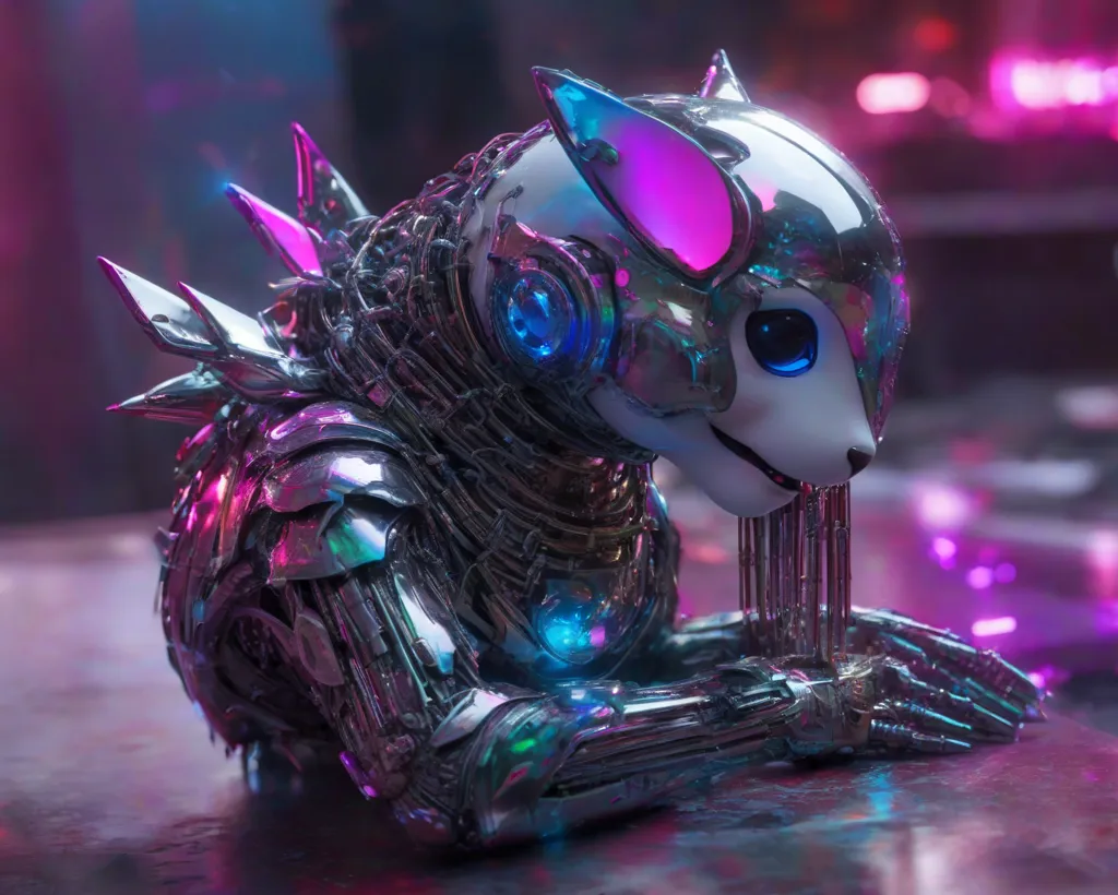 The image is a 3D rendering of a robotic cat. The cat is sitting on a table, with its front paws resting on the table. The cat is made of metal, and its body is covered in intricate details. The cat's eyes are blue, and they are glowing. The cat is also wearing a collar with a tag on it. The tag has the word \