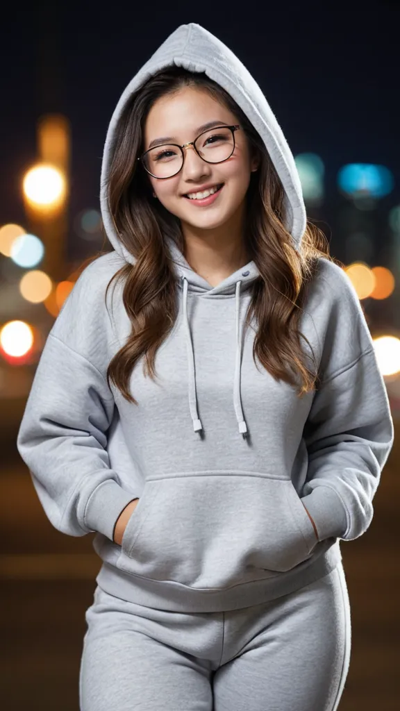 The image shows a young woman wearing a grey hoodie and glasses. She has long brown hair. The background is blurred with bokeh lights.