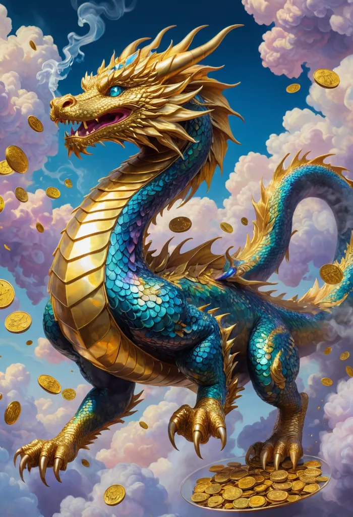 A magnificent golden dragon soars through the sky, its massive wings outstretched. Its body is covered in shimmering scales, and its eyes are a deep, piercing blue. The dragon's breath is like a torrent of fire, and its roar is like thunder. It is a fearsome creature, but also a symbol of power and good luck.