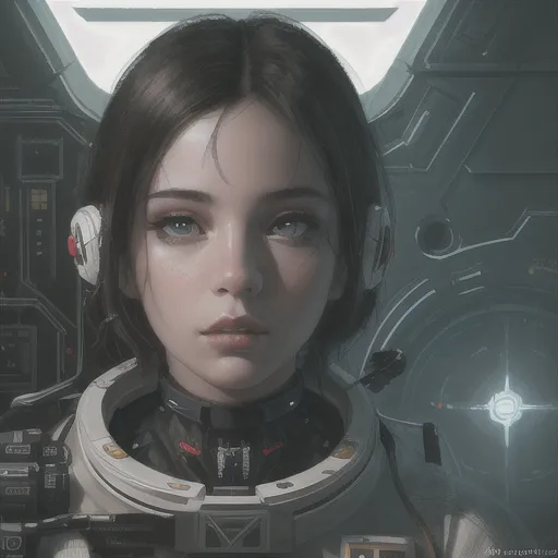 This is an image of a young girl in a spacesuit. She has short brown hair and blue eyes. She is looking at the camera with a serious expression. She is wearing a white spacesuit with a red stripe on the chest. The spacesuit has a clear bubble helmet. She is sitting in a spaceship. There is a control panel on the left side of the image.